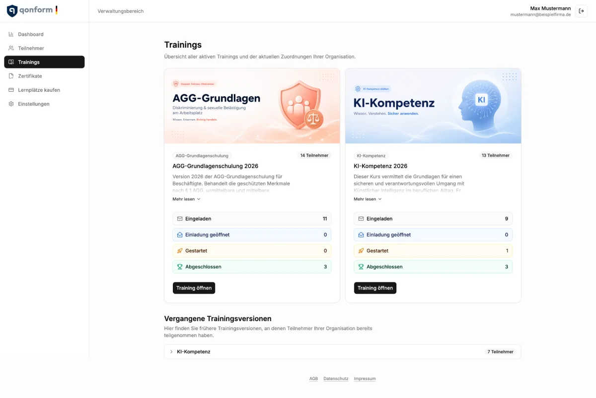 qonform Verwaltungsbereich mit den Trainings AGG-Grundlagenschulung 2026 und KI-Kompetenz 2026 sowie Teilnehmerstatus