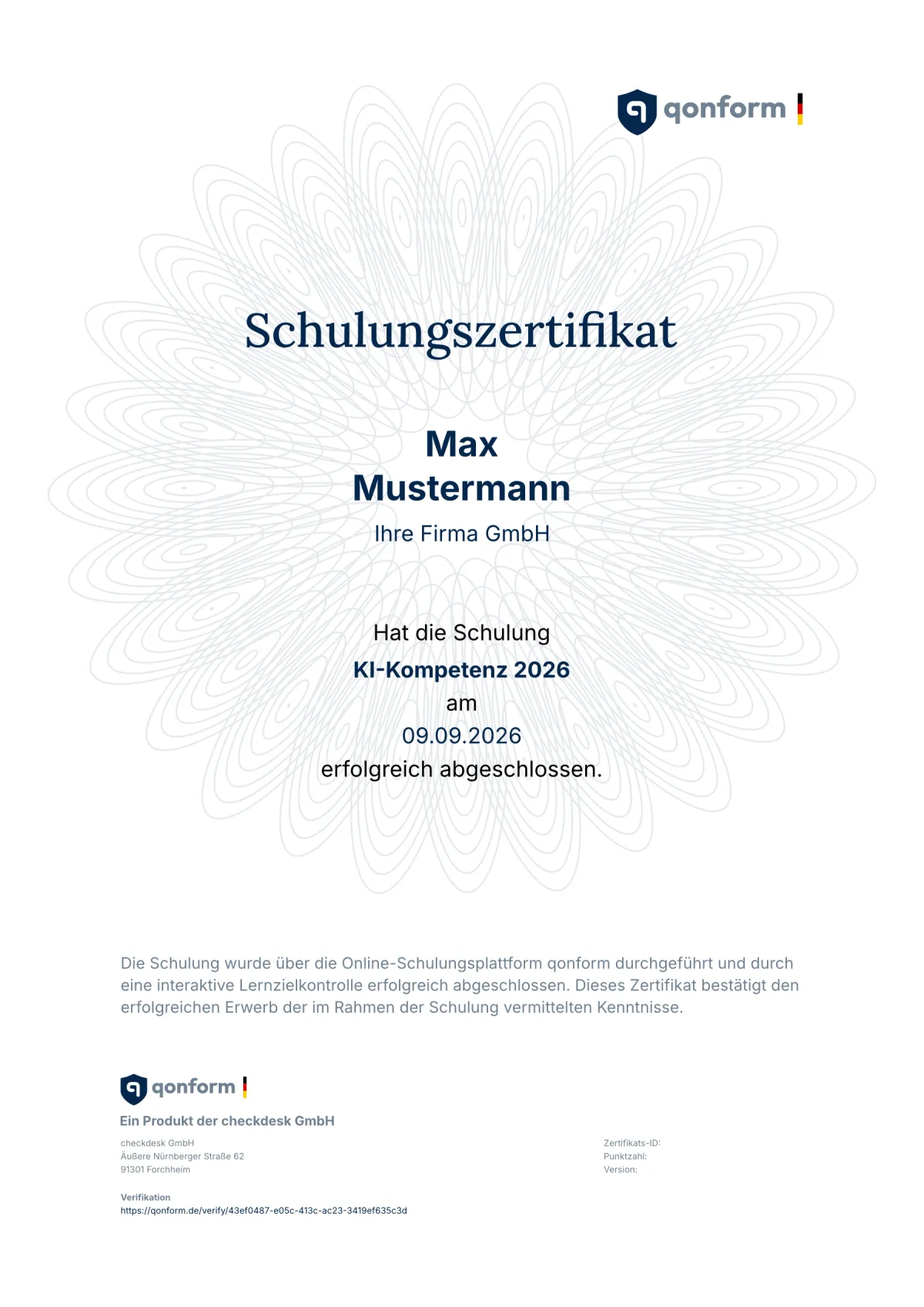 Musterzertifikat von qonform mit Zertifikats-ID und Schulungsnachweis