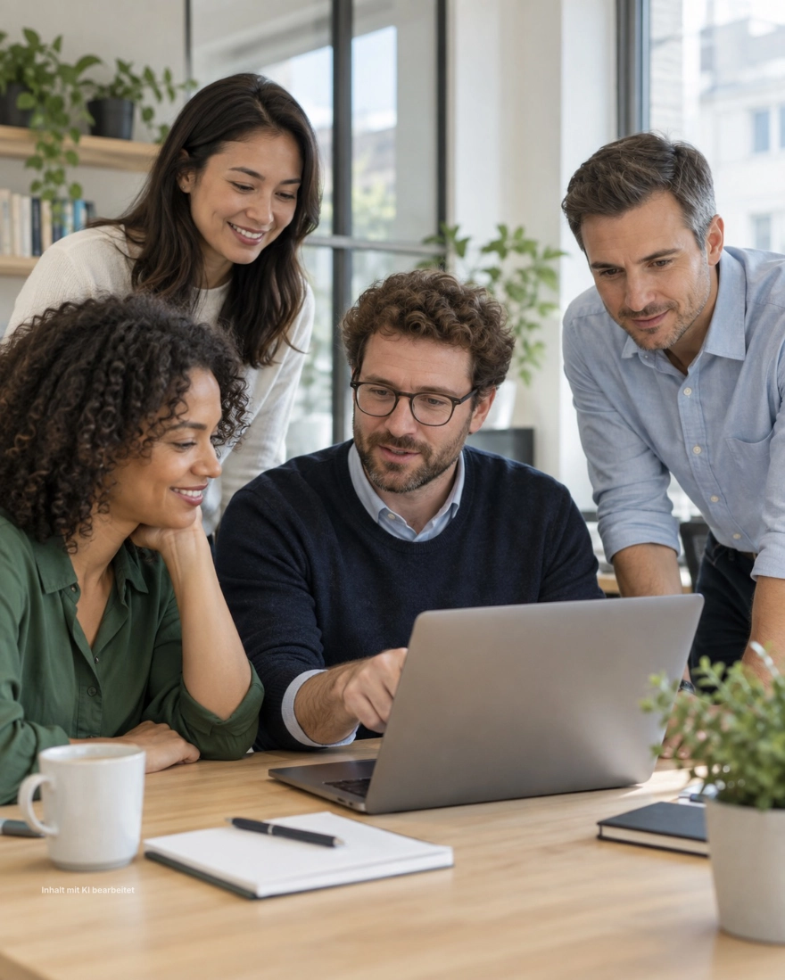 Mitarbeitende besprechen gemeinsam Schulungsinhalte im Büro